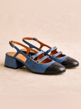 Sézane Paula Babies Slingback Heels Blue Leather Mary Jane Shoes EU 37